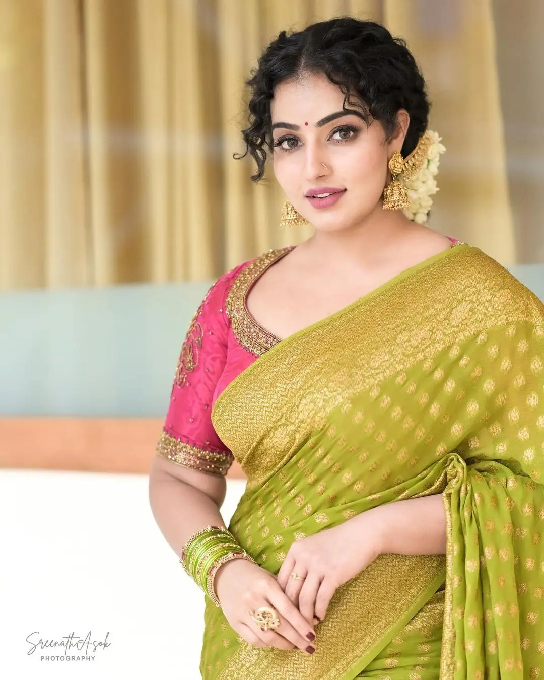 MALAVIKA MENON IN SOUTH INDIAN TRADITIONAL GREEN SAREE RED BLOUSE 1